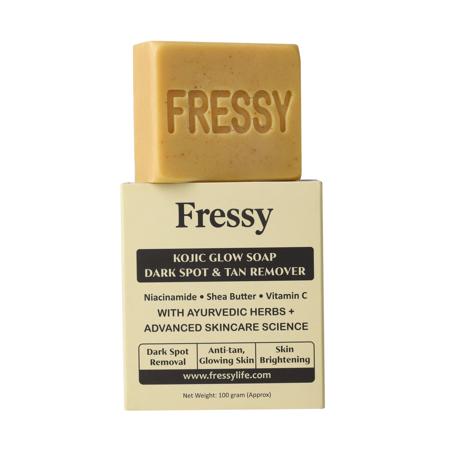 Fressy Kojic Glow Soap – Dark Spot & Tan Remover | Kojic Acid, Niacinamide, Vitamin C & Shea Butter | Skin Brightening & Anti-Tan Soap | 100g