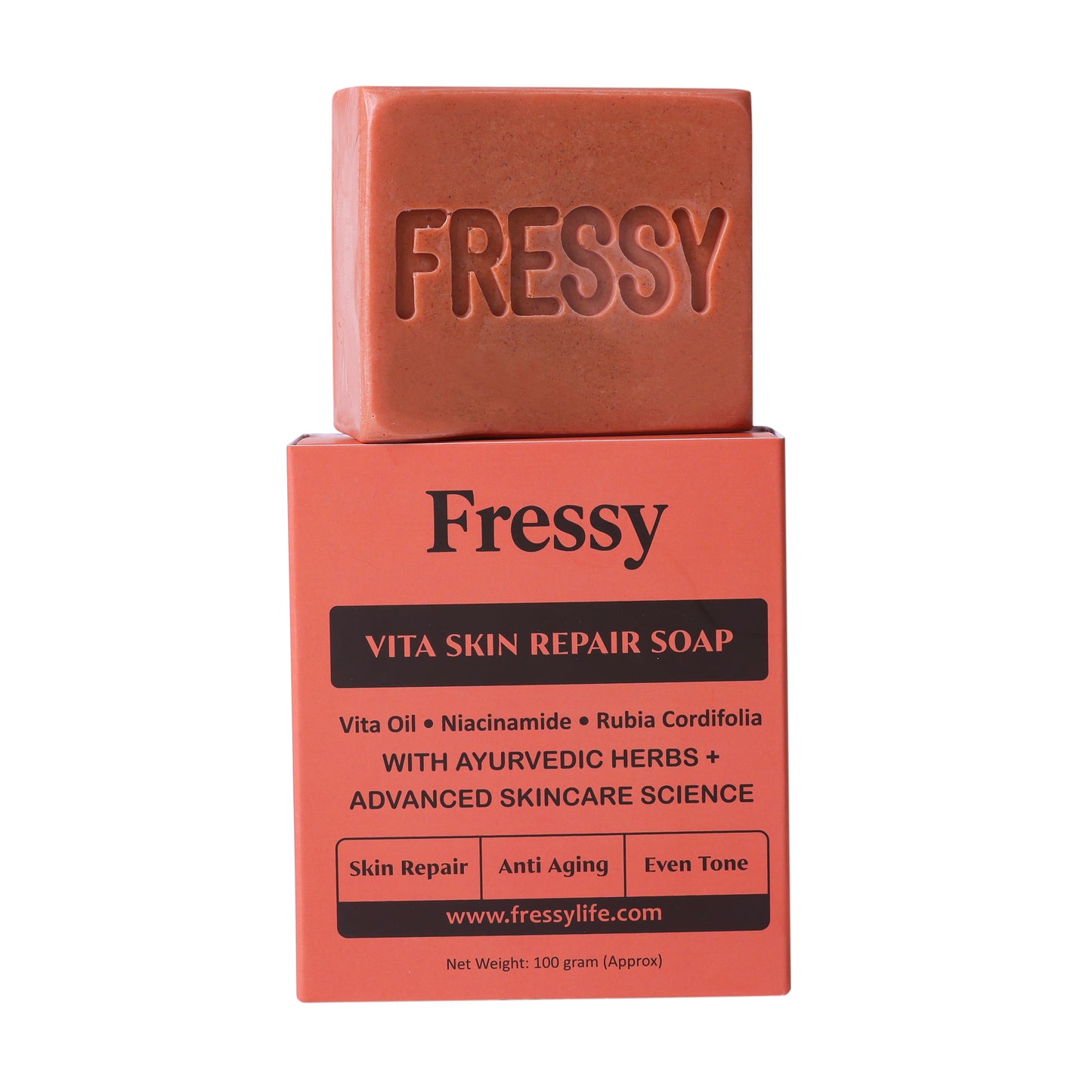Fressy Vita Skin Repair Soap – Vita Oil, Niacinamide & Rubia Cordifolia | Skin Repair, Anti-Aging & Even Tone Herbal Bathing Bar | 100g