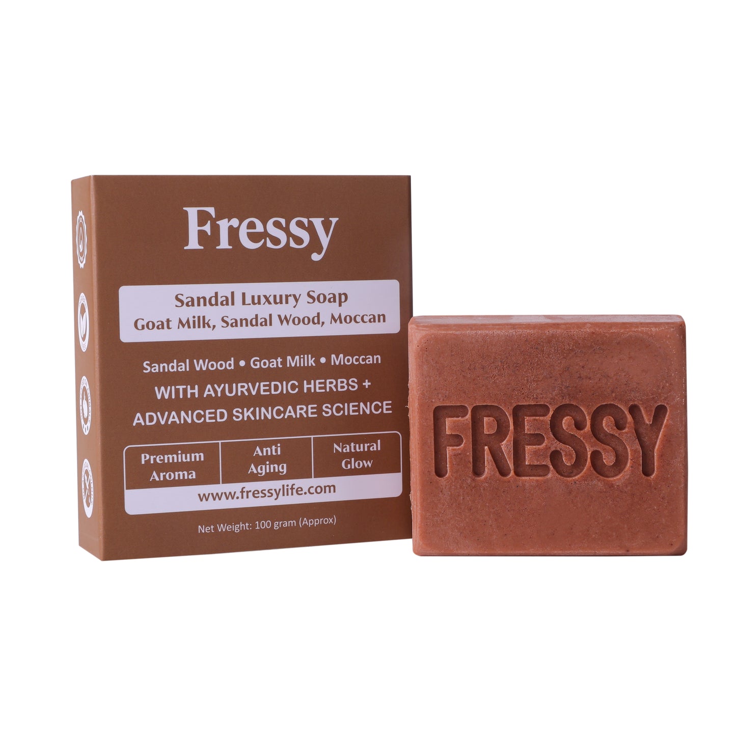 Fressy Sandal Luxury Soap – Goat Milk, Sandalwood & Moccan | Premium Aroma, Anti-Aging & Natural Glow Herbal Bathing Bar | 100g