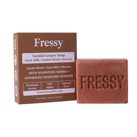 Fressy Sandal Luxury Soap – Goat Milk, Sandalwood & Moccan | Premium Aroma, Anti-Aging & Natural Glow Herbal Bathing Bar | 100g