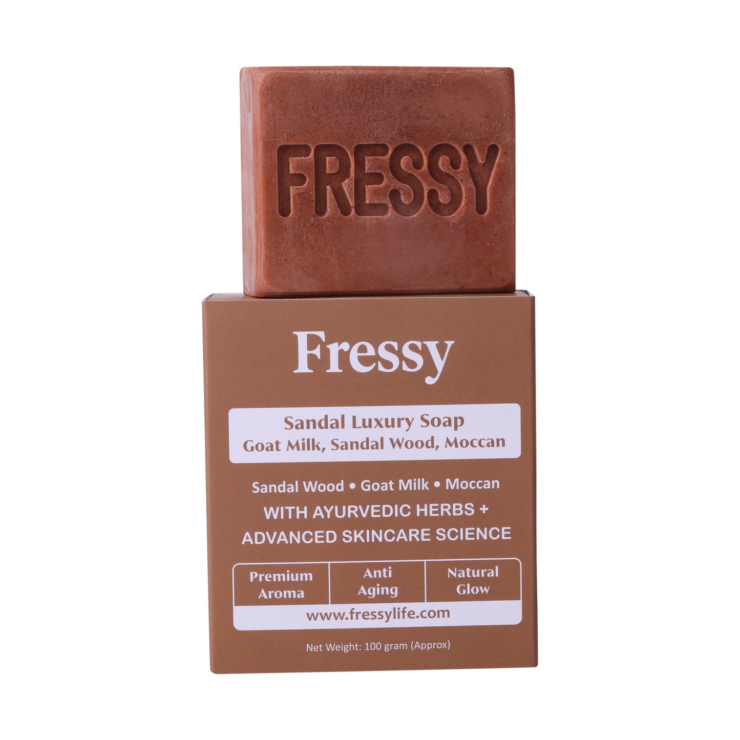 Fressy Sandal Luxury Soap – Goat Milk, Sandalwood & Moccan | Premium Aroma, Anti-Aging & Natural Glow Herbal Bathing Bar | 100g