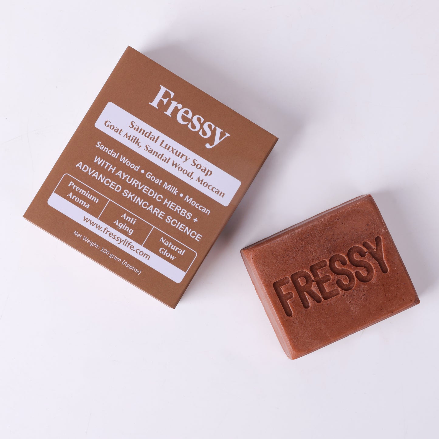Fressy Sandal Luxury Soap – Goat Milk, Sandalwood & Moccan | Premium Aroma, Anti-Aging & Natural Glow Herbal Bathing Bar | 100g