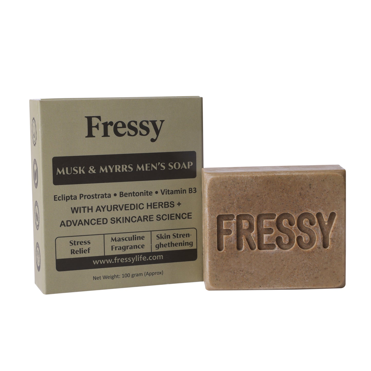 Fressy Musk & Myrrs Men's Soap – Masculine Fragrance Bathing Bar with Bentonite, Vitamin B3 & Ayurvedic Herbs | Stress Relief & Skin Strengthening | 100g
