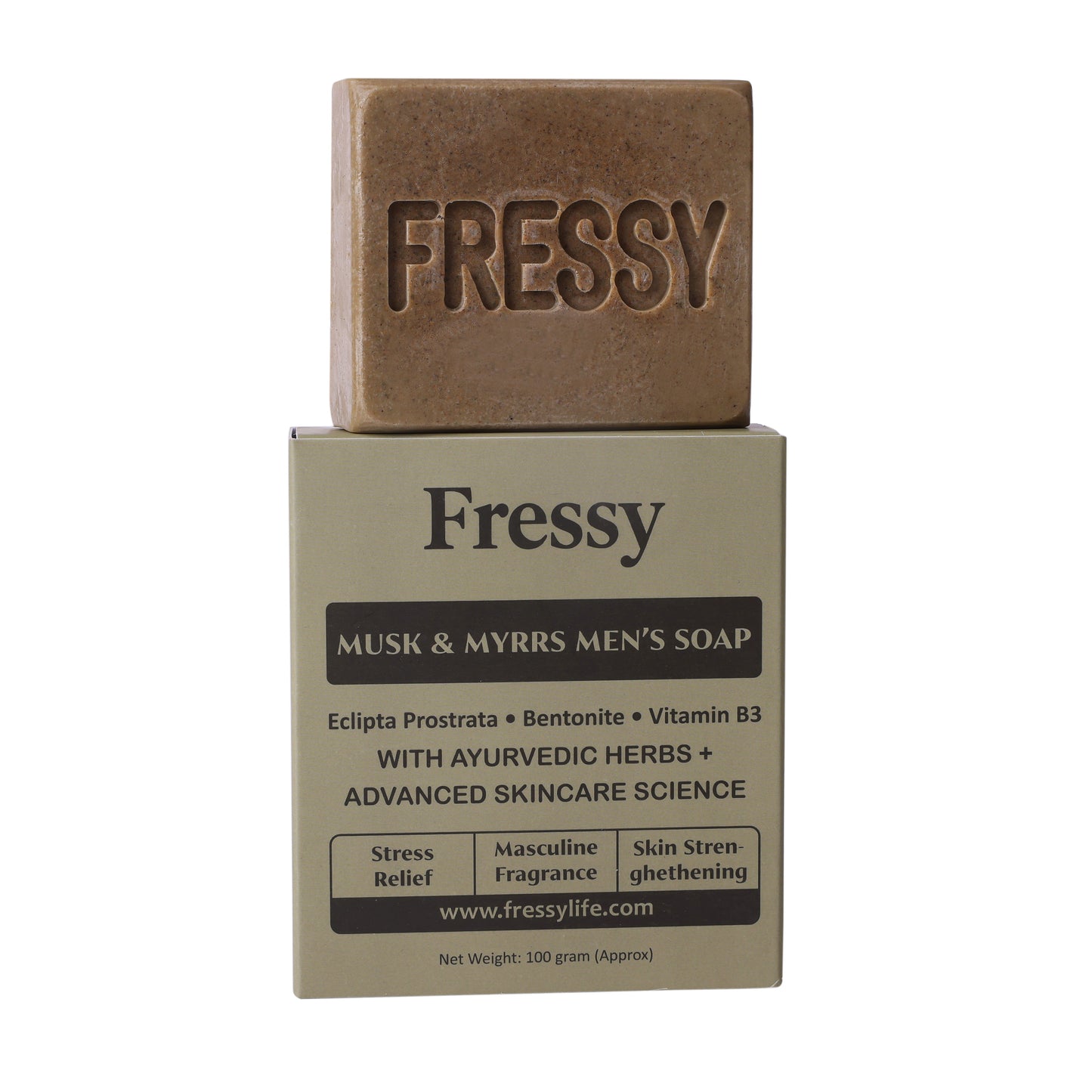 Fressy Musk & Myrrs Men's Soap – Masculine Fragrance Bathing Bar with Bentonite, Vitamin B3 & Ayurvedic Herbs | Stress Relief & Skin Strengthening | 100g