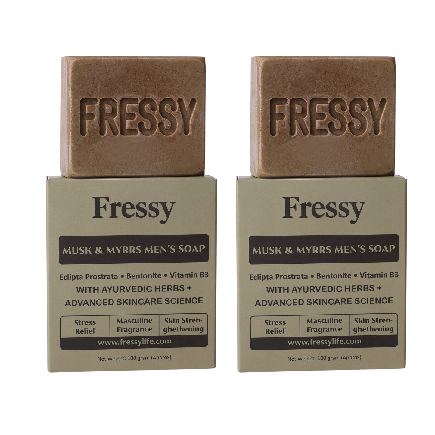 Fressy Musk & Myrrs Men's Soap – Masculine Fragrance Bathing Bar with Bentonite, Vitamin B3 & Ayurvedic Herbs | Stress Relief & Skin Strengthening | 100g