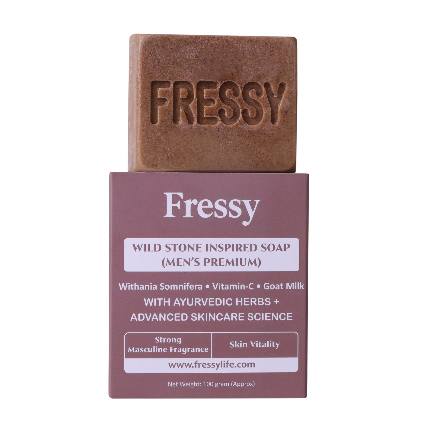 Fressy Wild Stone Inspired Men’s Soap – Strong Masculine Fragrance with Withania Somnifera, Vitamin C & Goat Milk | Skin Vitality & Deep Cleansing Bathing Bar | 100g