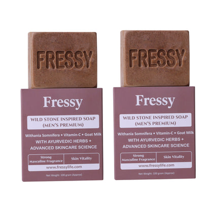 Fressy Wild Stone Inspired Men’s Soap – Strong Masculine Fragrance with Withania Somnifera, Vitamin C & Goat Milk | Skin Vitality & Deep Cleansing Bathing Bar | 100g