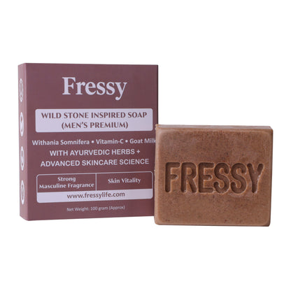 Fressy Wild Stone Inspired Men’s Soap – Strong Masculine Fragrance with Withania Somnifera, Vitamin C & Goat Milk | Skin Vitality & Deep Cleansing Bathing Bar | 100g