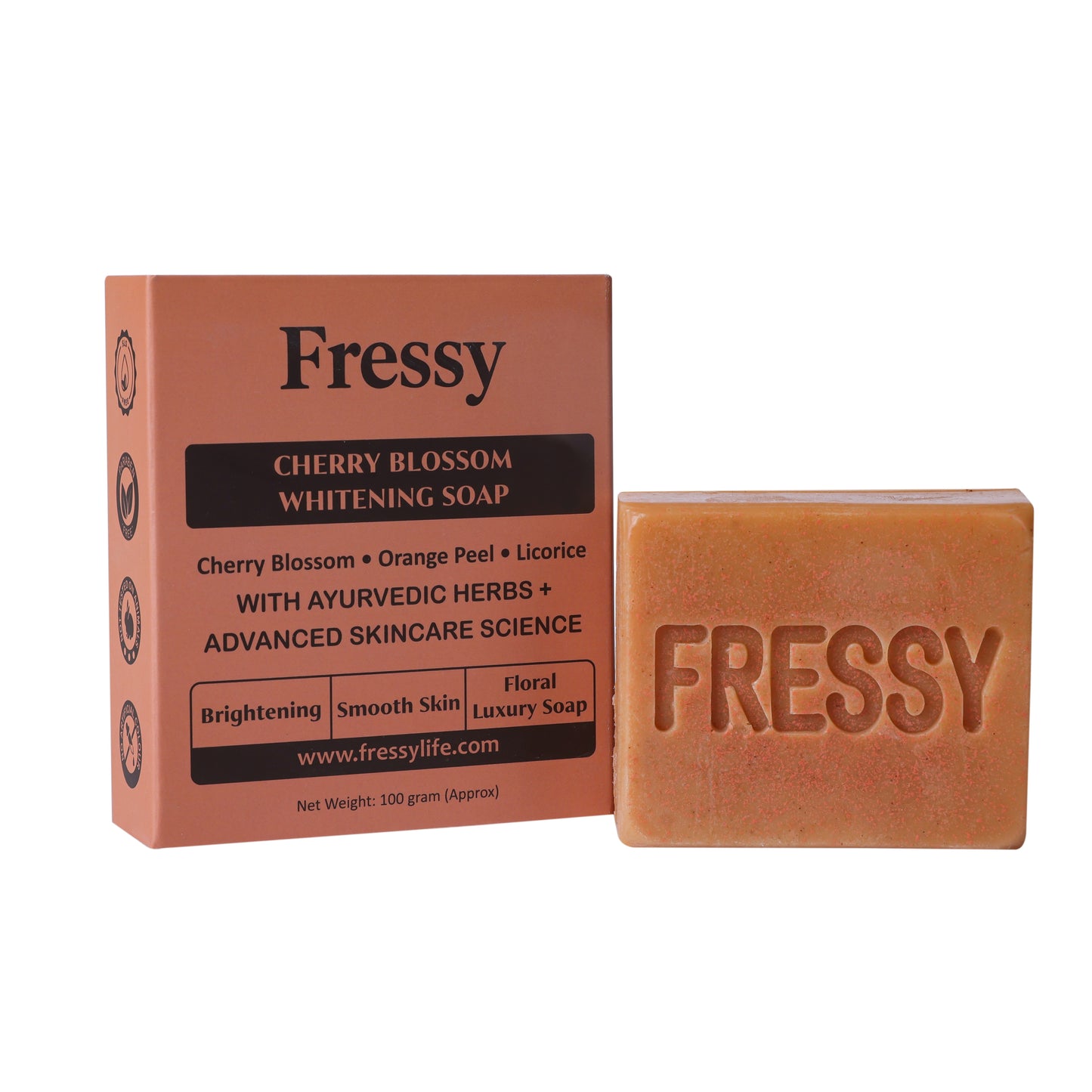 Fressy Cherry Blossom Whitening Soap – Ayurvedic Brightening Bathing Bar with Cherry Blossom, Orange Peel & Licorice | Smooth Skin & Floral Luxury Soap | 100g
