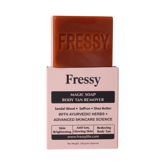 Fressy Magic Soap – Body Tan Remover with Sandalwood, Saffron & Shea Butter | Skin Brightening & Anti-Tan Herbal Bathing Bar | 100g