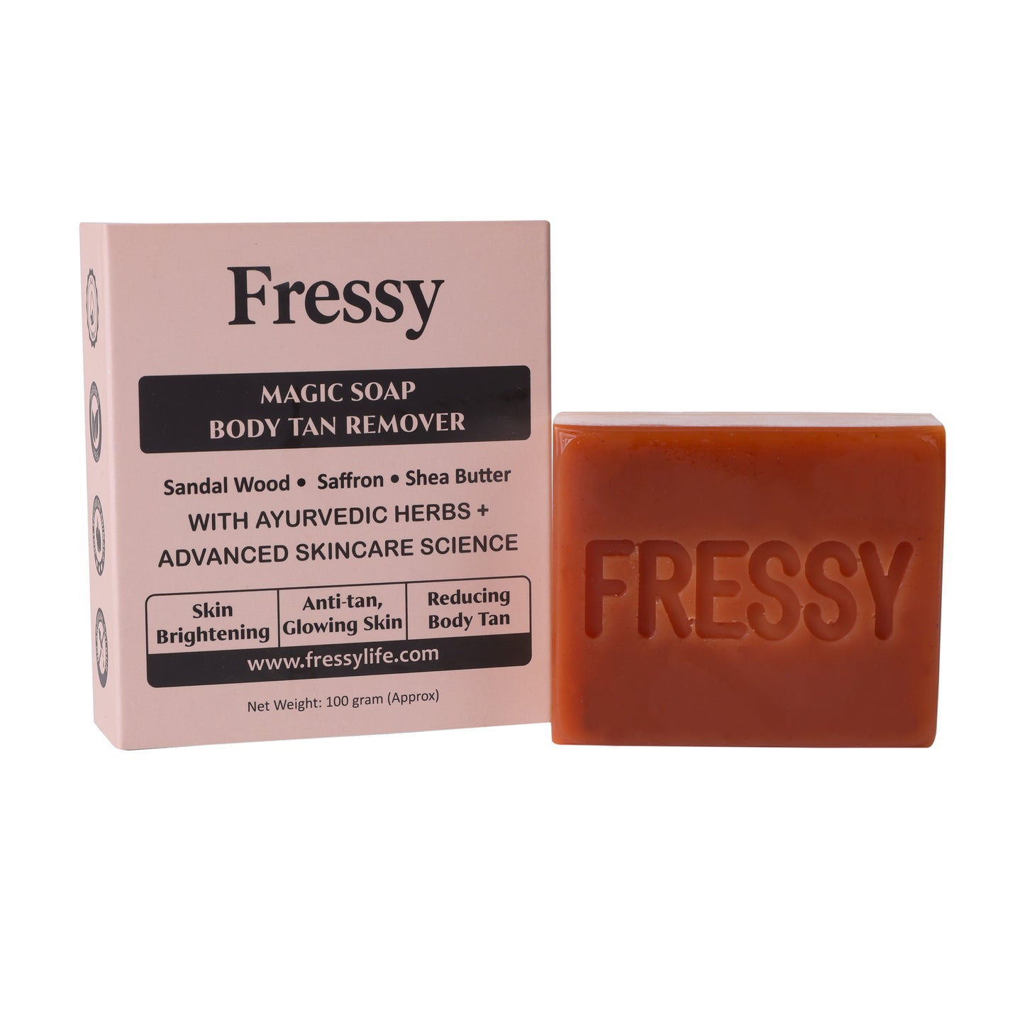 Fressy Magic Soap – Body Tan Remover with Sandalwood, Saffron & Shea Butter | Skin Brightening & Anti-Tan Herbal Bathing Bar | 100g