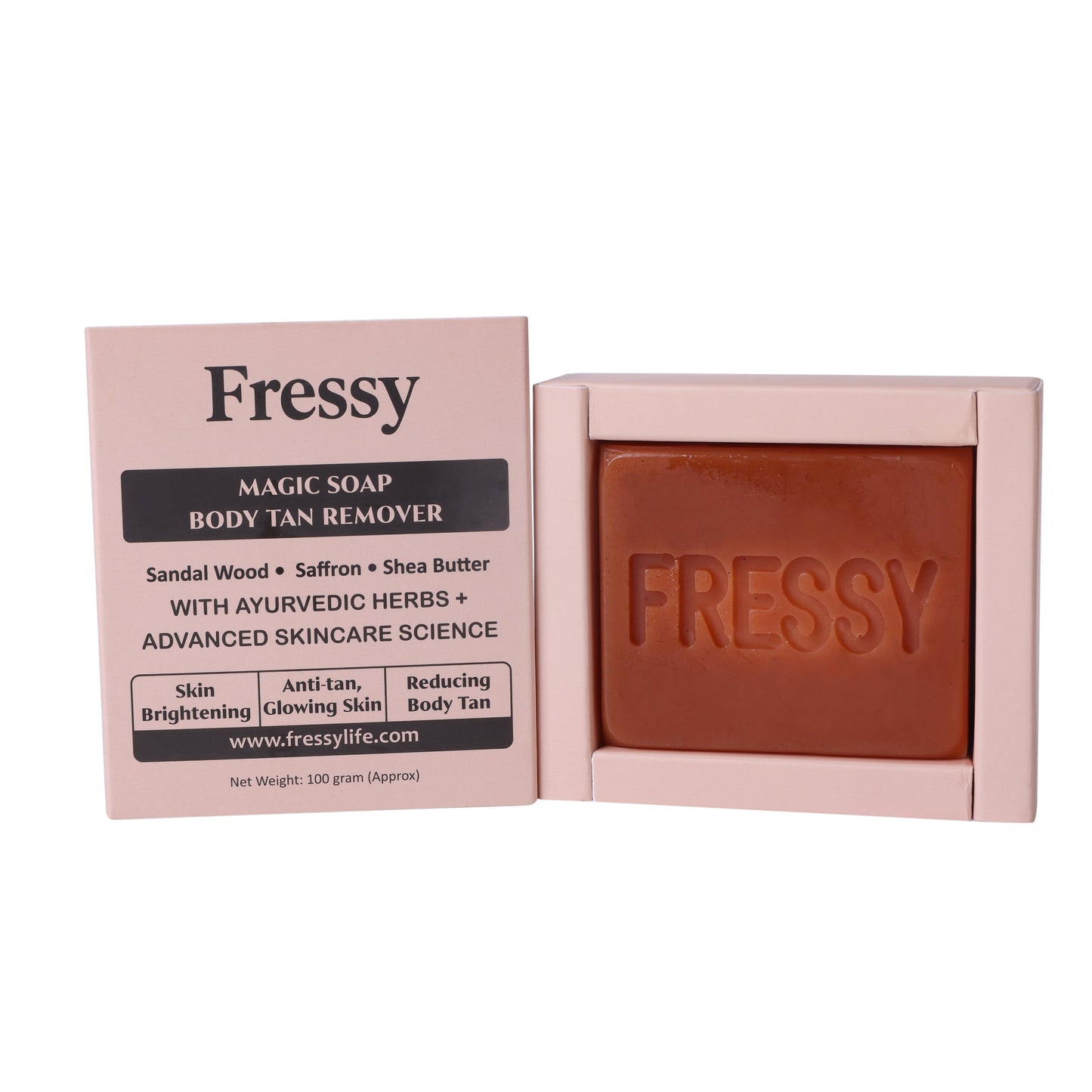 Fressy Magic Soap – Body Tan Remover with Sandalwood, Saffron & Shea Butter | Skin Brightening & Anti-Tan Herbal Bathing Bar | 100g