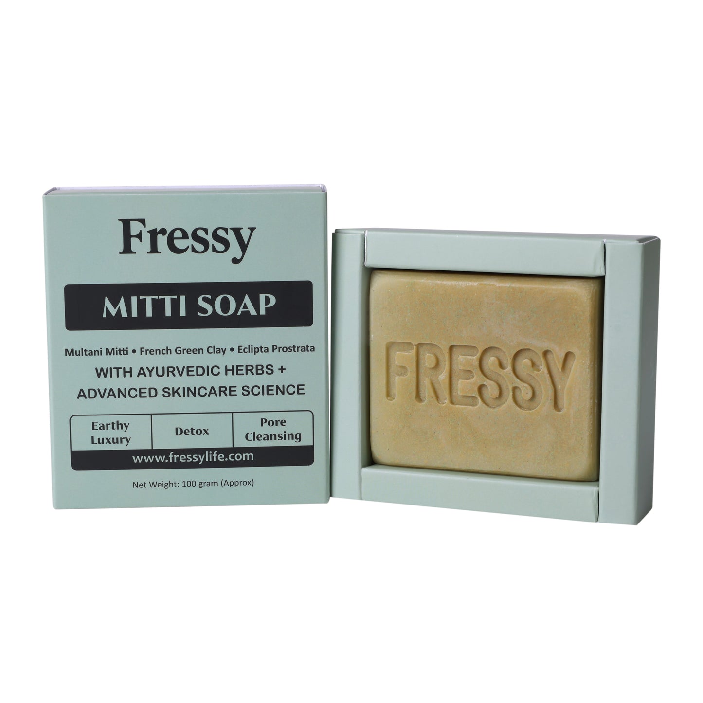 Fressy Mitti Soap – Multani Mitti & French Green Clay Detox Bathing Bar | Deep Pore Cleansing & Oil-Control Soap | 100g