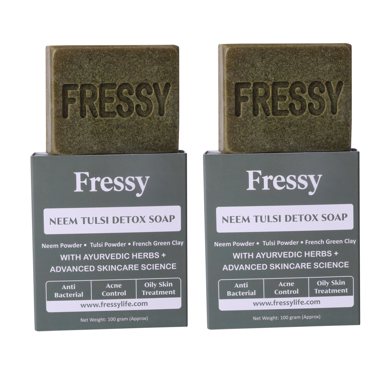 Fressy Neem Tulsi Detox Soap – Anti-Bacterial Ayurvedic Bathing Bar with Neem Powder, Tulsi & French Green Clay | Acne Control & Oily Skin Treatment | 100g