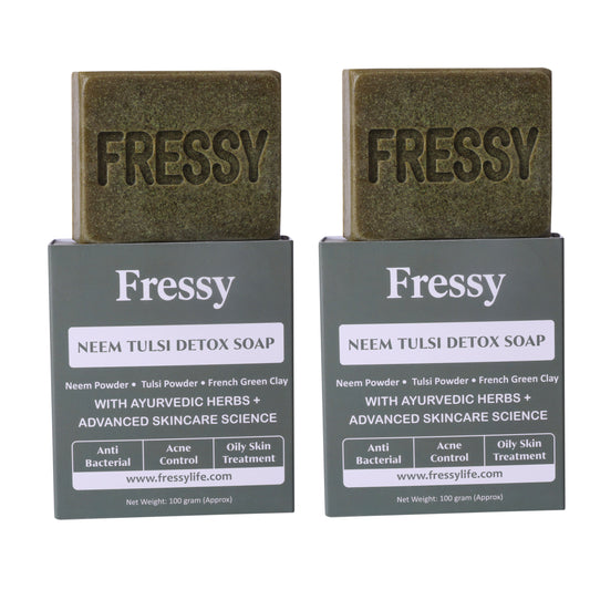 Fressy Neem Tulsi Detox Soap – Anti-Bacterial Ayurvedic Bathing Bar with Neem Powder, Tulsi & French Green Clay | Acne Control & Oily Skin Treatment | 100g