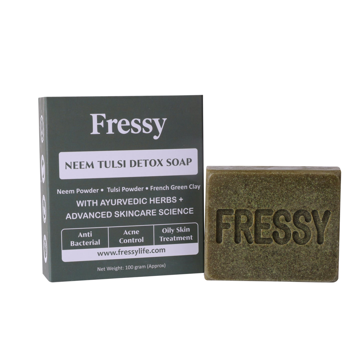 Fressy Neem Tulsi Detox Soap – Anti-Bacterial Ayurvedic Bathing Bar with Neem Powder, Tulsi & French Green Clay | Acne Control & Oily Skin Treatment | 100g